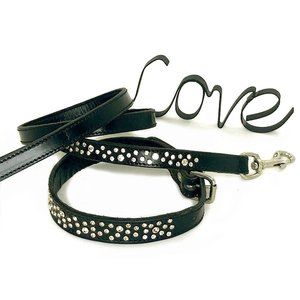Random Crystal & Black Leather Collar & Leash, 16"-20"